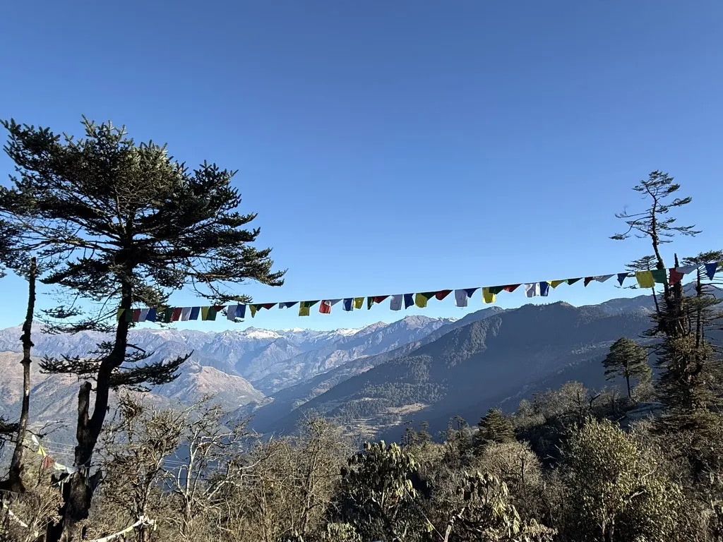 Prayer flags strung across a mountain view