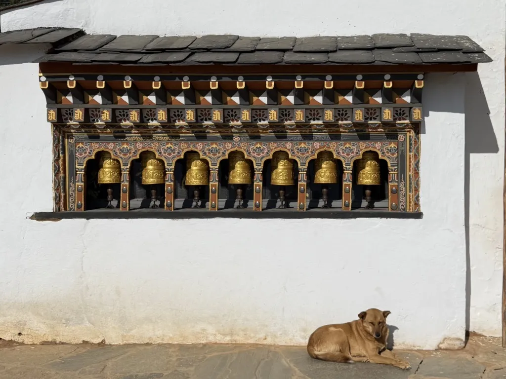 A row of prayer wheels along a whitewashed wall